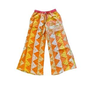 Kantha Wide Leg Drawstring Pull On Pants Handmade Boho Patchwork